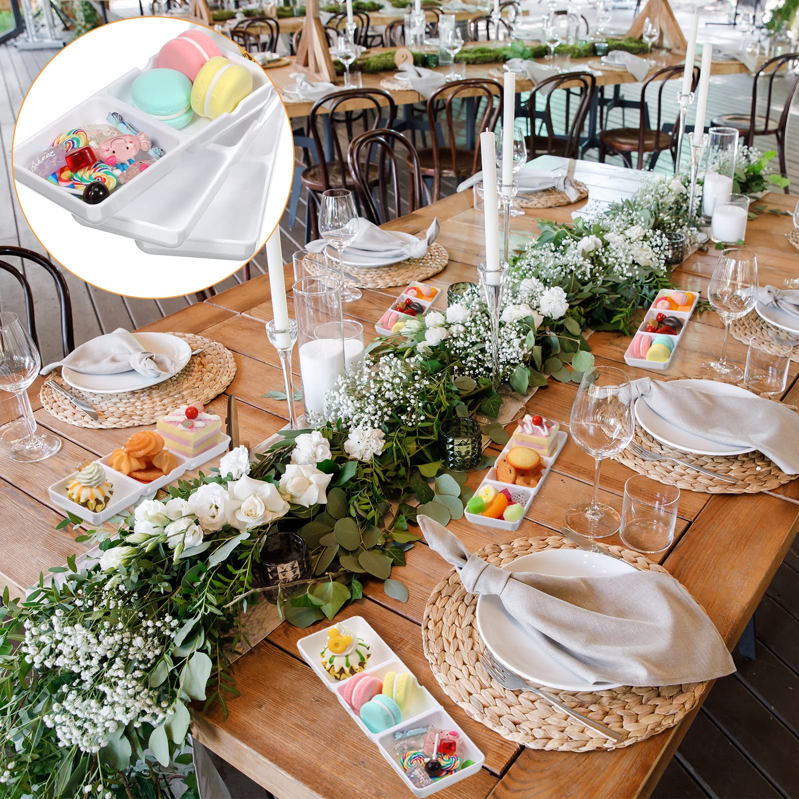 12 Pcs Small White Plastic Appetizer Serving Tray 3 Compartment Serving Dishes Reusable Stackable Sectional Serving Platter Rect